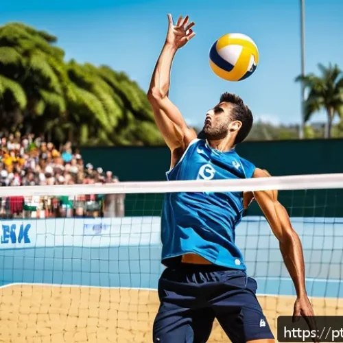 Home 32 배구 실력 테스트 - A dynamic volleyball scene showing a skilled male player executing a powerful jump serve on an outdo...