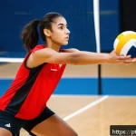 Home 18 배구 초보자가 알아야 할 팁 - A dynamic volleyball scene showing a young adult player with feet shoulder-width apart, weight sligh...