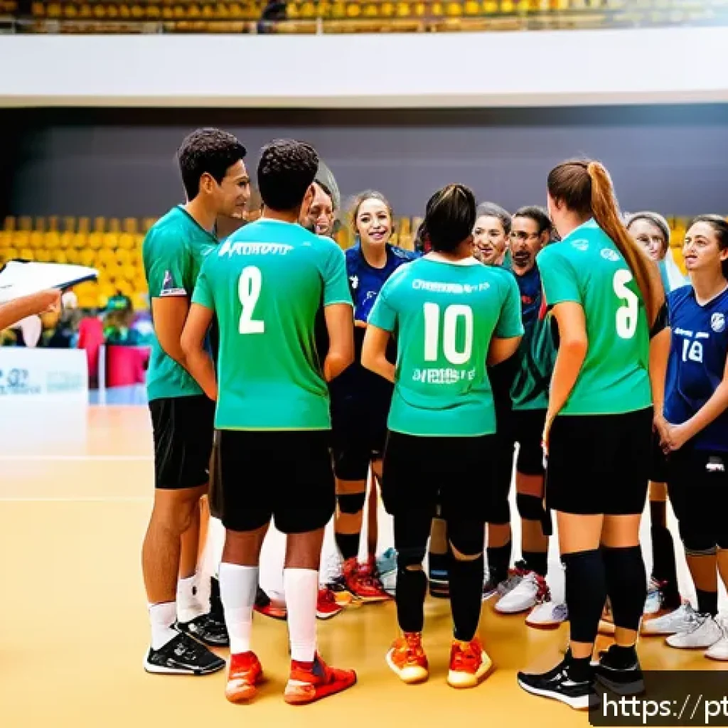 배구 대회 참가 신청 방법 - A dynamic volleyball team meeting in a bright, modern sports hall in Brazil, with diverse players we...