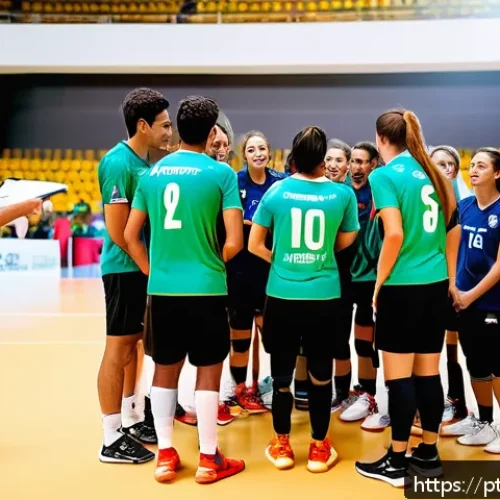 Home 17 배구 대회 참가 신청 방법 - A dynamic volleyball team meeting in a bright, modern sports hall in Brazil, with diverse players we...