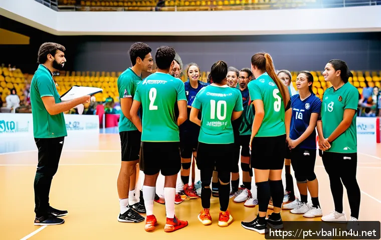 배구 대회 참가 신청 방법 - A dynamic volleyball team meeting in a bright, modern sports hall in Brazil, with diverse players we...