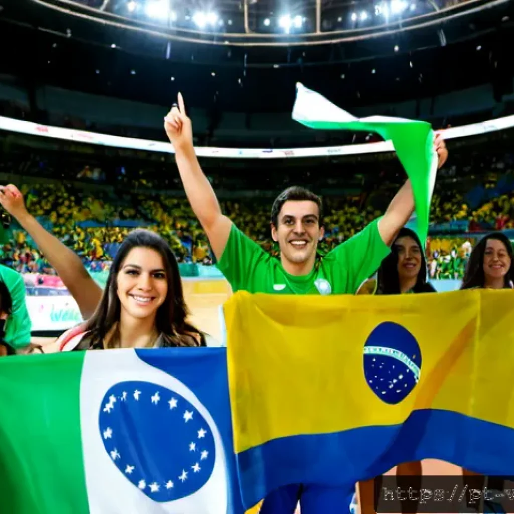 배구 팀 서포터즈 활동 - Photorealistic indoor volleyball arena in São Paulo, Brazil, energetic adult supporter group in gree...