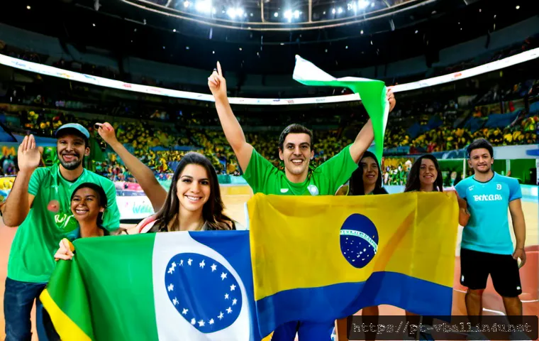 배구 팀 서포터즈 활동 - Photorealistic indoor volleyball arena in São Paulo, Brazil, energetic adult supporter group in gree...