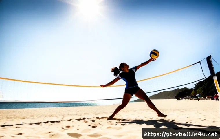 배구의 신체적 이점 - Photorealistic outdoor volleyball training on a sunny Brazilian beach, athletic adult woman in modes...