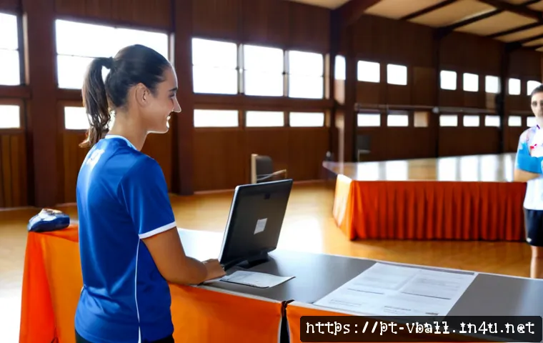Home 30 배구 이벤트 및 대회 참가 방법 - Photorealistic indoor volleyball tournament registration scene in Portugal, a friendly adult player ...