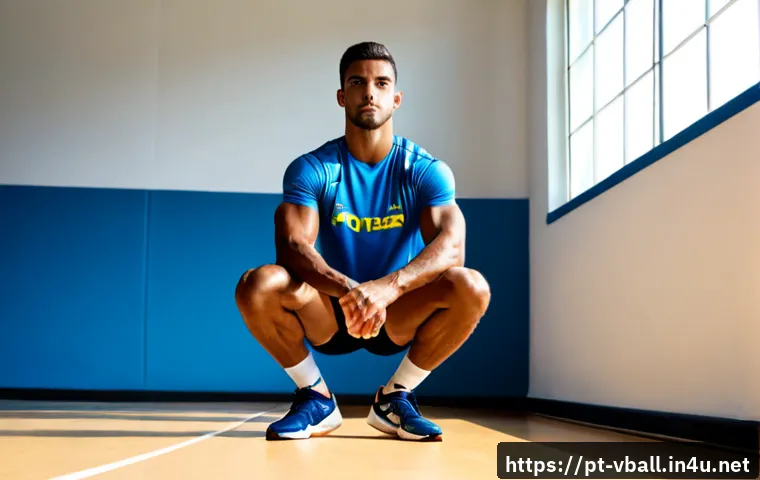 Home 17 배구 근력 강화 운동 - Photorealistic indoor volleyball strength training, athletic Brazilian male volleyball player in a m...