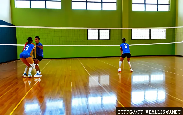 Home 30 배구 전술 용어 해설 - Photorealistic indoor volleyball training session in a bright Brazilian sports gym, wide sideline vi...