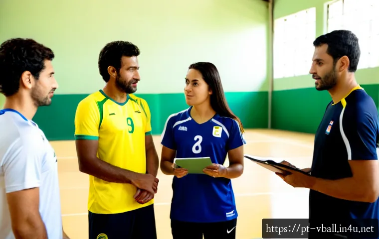 Home 17 배구 팀 구성 전략 - Photorealistic indoor volleyball team strategy meeting in a bright Brazilian community sports hall, ...