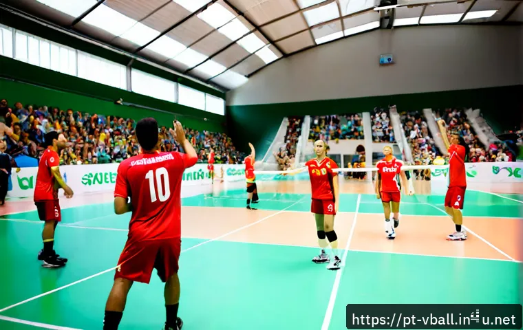 Home 17 배구 경기에서 팀워크 향상 - Photorealistic indoor volleyball match in a bright Portuguese community sports hall, six adult teamm...