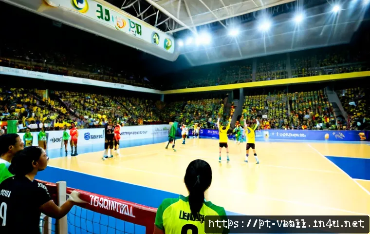 배구 인기 팀 소개 - Photorealistic indoor volleyball arena in Brazil during a popular club match, diverse adult fans in ...