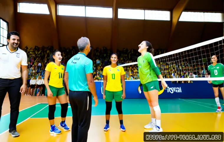 배구 경기 중 유머 상황 - Photorealistic indoor volleyball match in a lively Brazilian community sports hall, a startled playe...