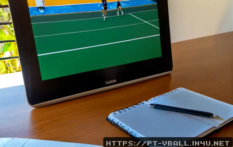 배구 관련 디지털 콘텐츠 - Photorealistic modern home workspace in Brazil, a young adult reviewing volleyball training video cl...